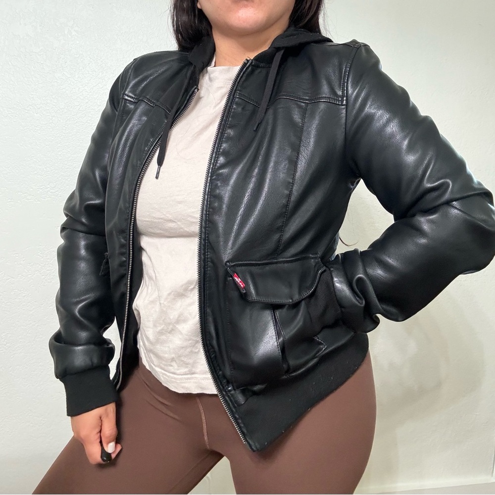 Levi’s Black Faux Leather Hooded Jacket - Size Small